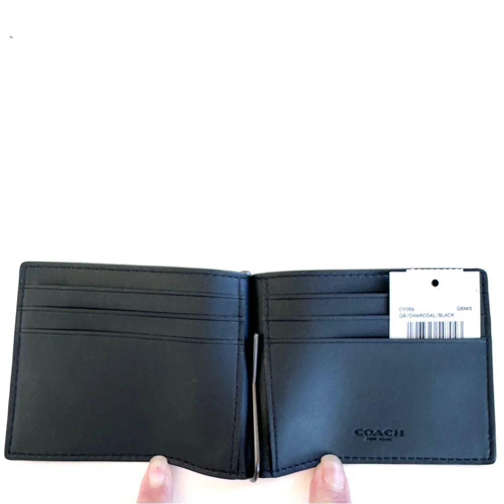 COACH SLIM MONEY CLIP BILLFOLD WALLET BLACK/GRAY SIGNATURE CANVAS NEW GIFT WRAP